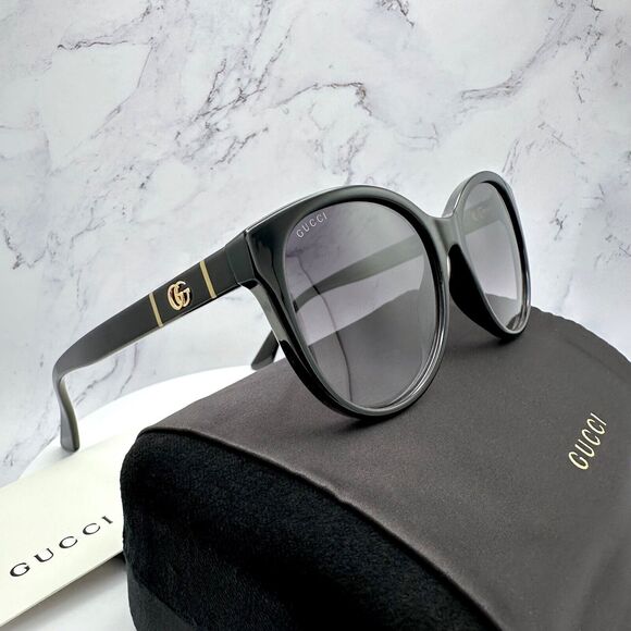 New Gucci Sunglasses Black Acetate Round Gold Metal GG Logo Italy Authentic